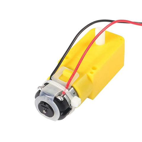 Yellow compact DC gearbox motor for Arduino robots with wiring harness, showcasing durable materials and easy installation.