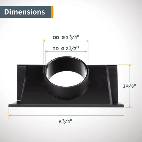 Router Table Dust Port 2.5 Inch ID And 6.5 Inch Dust Collection Adapter with dimensions labels, front view, black ABS plastic