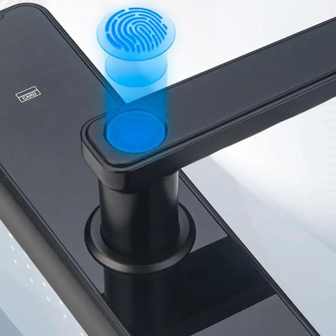 Top Shelf Keyless Fingerprint Smart Door Lock With Rain Ready Waterproof Design And Slick Remote Photo Control App For Zero Hassle Home Security And Bulletproof Deadbolt Protection featuring fingerprint sensor and handle.
