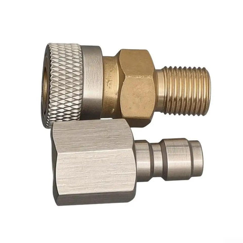 Top Shelf Quick Connect Filling Charging Hose With 1/8 Inch Thread High Pressure Pneumatic Air Line no fuss coupler pair shown in close-up.