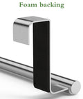 Close-up of Over Cabinet Towel Rack Set, Heavy Duty Stainless Steel Kitchen Towel Bar Holder in Chrome Finish with foam backing.
