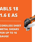 Cordless Sheet Metal Shears For Distortion Free Cutting Up To 16 Gauge 1.6 mm Thick Delivers 725 Feet Per Charge