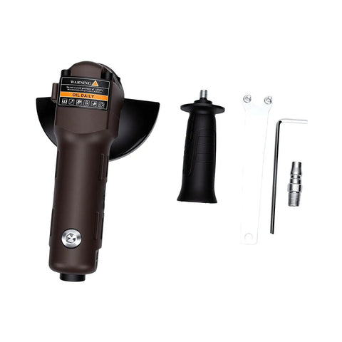 Heavy Hitting Pneumatic Air Angle Grinder Pumping 10000 RPM Kick for Rapid Material Removal, includes handle and accessories.