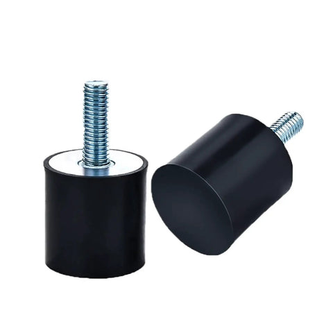 Badass Heavy Duty Rubber Shock Absorber Mounts With Male Threaded Ends For Air Compressors, showing black rubber mounts with metal threads.