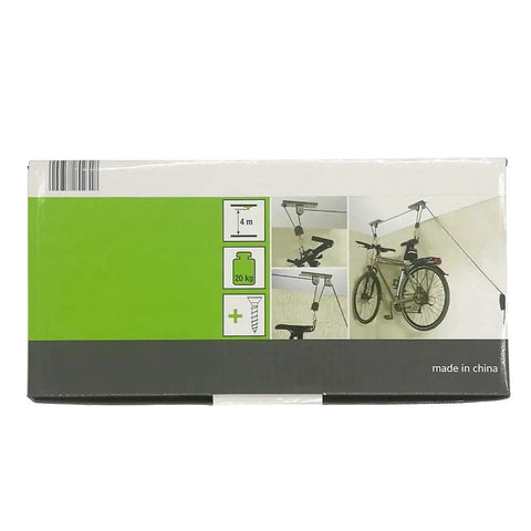 Heavy Duty Ceiling Bike Hoist For Garage With 100 Lb Capacity, Quick Mount Pulley Rack For Mountain Bikes, Strong Steel Frame With Nylon Coated Hooks To Protect Your Ride. Box showing ceiling bike hoist kit, 4 m lift, 20 kg capacity, bicycle storage