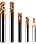 Carbide ball-nose end mill set, five pieces (sizes 1/16, 1/8, 3/16, 1/4, 3/8 in), 4-flute, TISIN coated, front view