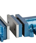 Heavy Duty 150mm Precision Milling Machine Vise With Two Piece Limitless Design, blue alloy steel construction for secure clamping.