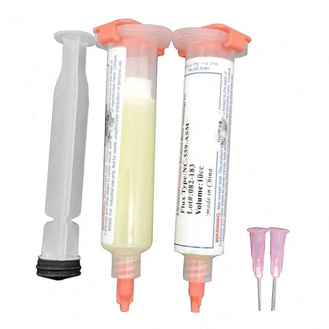 Syringe Solder Paste Flux Kit NC-559-ASM 10cc for PCB BGA includes flux, solder ball paste, needle, and caps.
