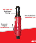 Beefy Yet Compact One Quarter Inch Mini Pneumatic Ratchet With 280 RPM And 30 Ft Lbs Torque Fast Run Down Easy Reach Into Tight Spots Ergonomic Grip Built For Auto Shop Work And DIY Projects, showing steel head and ergonomic grip.