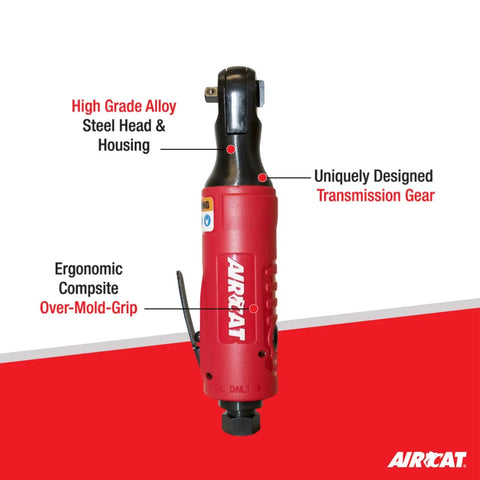 Beefy Yet Compact One Quarter Inch Mini Pneumatic Ratchet With 280 RPM And 30 Ft Lbs Torque Fast Run Down Easy Reach Into Tight Spots Ergonomic Grip Built For Auto Shop Work And DIY Projects, showing steel head and ergonomic grip.