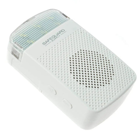 Close-up of Plug In Wireless Doorbell Kit With 4000 Feet Of Range And A Loud Flashing Strobe showing speaker and controls