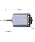 Side view of Six Pack Mini DC Motors 0.5-3V 15000RPM with 10x2mm shaft, shown with dimensions, ideal for DIY toys and electric projects.