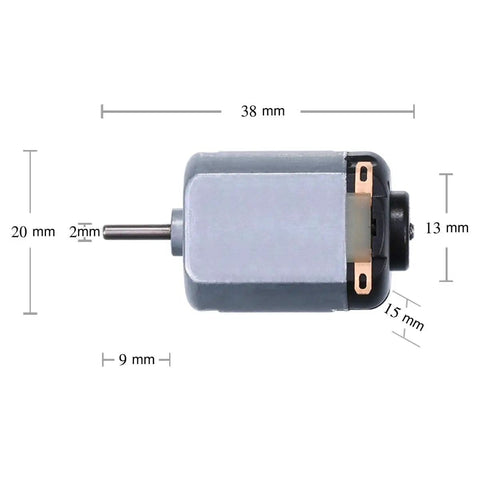 Side view of Six Pack Mini DC Motors 0.5-3V 15000RPM with 10x2mm shaft, shown with dimensions, ideal for DIY toys and electric projects.