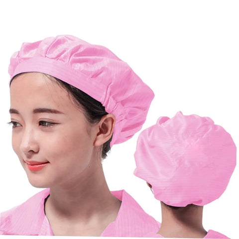 Four Pack Pro Grade Anti Static Workshop Hats For Adults Heavy Duty Polyester Cleanroom Caps Zero Lint Dustproof Safety Gear For The Daily Grind In White Pink Yellow, pink hat profile view.