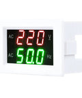 Zero Fuss Dual Led Ac Voltmeter And Ammeter Combo Reading 80 To 500 Volts Plus 45 To 65 Hertz Frequency Data For Car Boat House And DIY Setup Project White showing 220V and 50Hz readings.