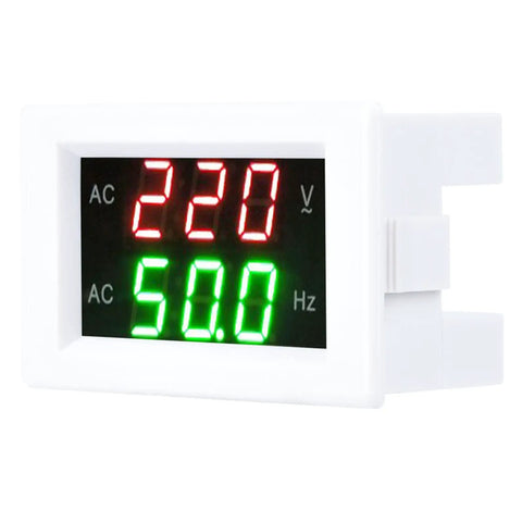 Zero Fuss Dual Led Ac Voltmeter And Ammeter Combo Reading 80 To 500 Volts Plus 45 To 65 Hertz Frequency Data For Car Boat House And DIY Setup Project White showing 220V and 50Hz readings.
