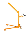 Workhorse Portable Folding Crane With Smooth Manual Hand Crank Hoist And Quick Hook Electric Motor To Shift Heavy Loads Without Breaking A Sweat For Garages Or Yards, yellow steel frame with manual crank.