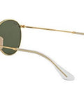 Side view of RB3447N Round Metal Sunglasses with flat lenses, gold frame, green G-15 lenses, showing lightweight metal construction