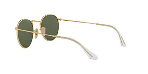 Side view of RB3447N Round Metal Sunglasses with flat lenses, gold frame, green G-15 lenses, showing lightweight metal construction