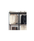 Top Shelf Vintage Wood And Metal Walk In Closet Organizer System With Adjustable Modular Shelves Hanging Rods And Hooks For Clothes Shoes Plus A Hella Convenient Custom Setup with hanging shirts and pants.