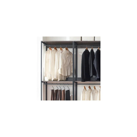 Top Shelf Vintage Wood And Metal Walk In Closet Organizer System With Adjustable Modular Shelves Hanging Rods And Hooks For Clothes Shoes Plus A Hella Convenient Custom Setup with hanging shirts and pants.