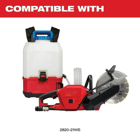 Compatible With Milwaukee M18 Fuel 18V 9 Inch Cut Off Saw with water tank, diamond blade, and hose for cutting tasks.