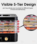 Professional Beast Mode Electric Food Dehydrator With 5 Stackable Trays And Digital 48 Hour Timer Adjustable Temp showing 5-tier design with colorful fruits and veggies.