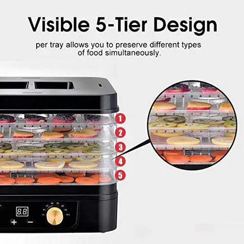 Professional Beast Mode Electric Food Dehydrator With 5 Stackable Trays And Digital 48 Hour Timer Adjustable Temp showing 5-tier design with colorful fruits and veggies.