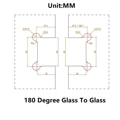 Diagram of 180 degree glass to glass pivot clamp for Beefed Up Heavy Duty Frameless Glass Shower Door Hinge Kit in MM.