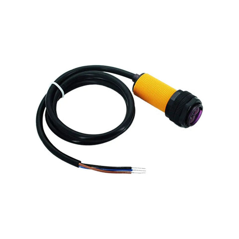 Three Pack Dope Infrared Photoelectric Obstacle Avoidance Sensor Modules E18 D80NK, yellow housing, wiring exposed, coiled cable.