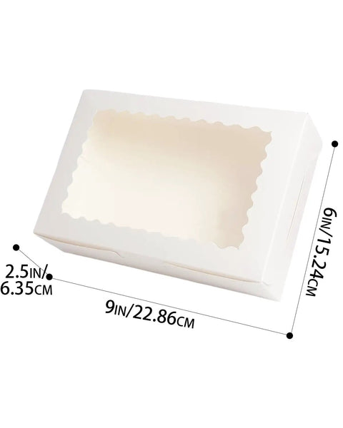 White Bakery Box With Window 9 By 6 By 2.5 Inches Holds 15 Pastries, shown closed with dimensions and clear top.