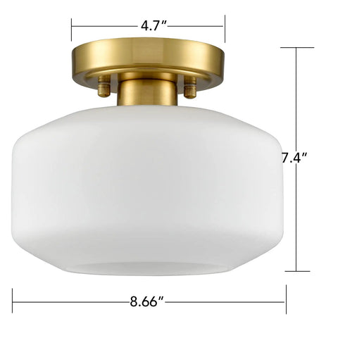 Modern White Semi Flush Mount Ceiling Light With Gold Finish For Hallways, Opal Milk Glass Shade, Farmhouse Style Ceiling Fixture