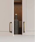 Antique Brass Cabinet Pulls Set 3.78 Inch Center To Center 10 Pack Classic Vintage Drawer Handles on open white cupboard
