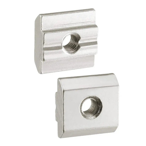 Slick M5 Slide In T Nuts For 3030 Aluminum Profiles Half Round Roll In Nut Heavy Duty Steel Hardware Nickel Plated Rust Resistant Fasteners showing two nuts.