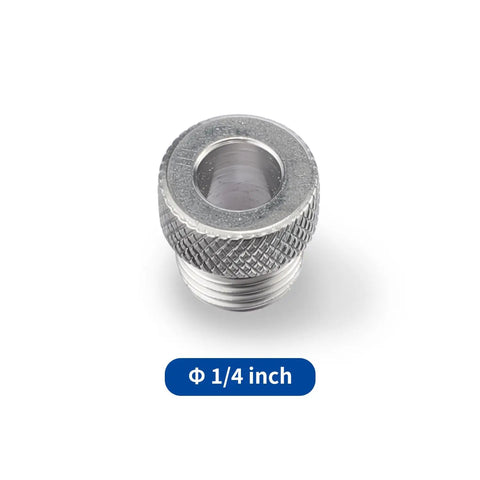Heavy Duty Stainless Steel Shelf Pin Jig Accessory Kit With Seven Rock Solid Drill Sleeves And One Secure Positioning Pin, 1/4 inch steel sleeve detail.