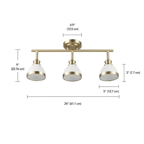 Front view of 22 Inch 3 Light Track Lighting Kit With Matte Brass Finish And White Shades, Pivoting Heads, Easy Install, E26 Base