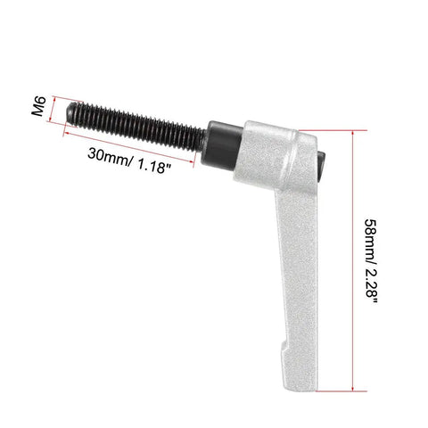 M6 X 30mm Quick Release Toggle Clamps Featuring Killer Grip Ratchet Lever And Rattle Free Locking Bolt Three Piece Set Beefy Steel Knobs For Shop Benches And Rapid Clamping Tasks Silver Tone side view with mounted lever and bolt dimensions.