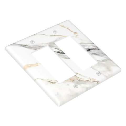 Modern Abstract Wall Switch Covers With Hella Sleek Gray And Gold Marble Finish On Super Solid Plastic 2 Gang Double Rocker Faceplates.