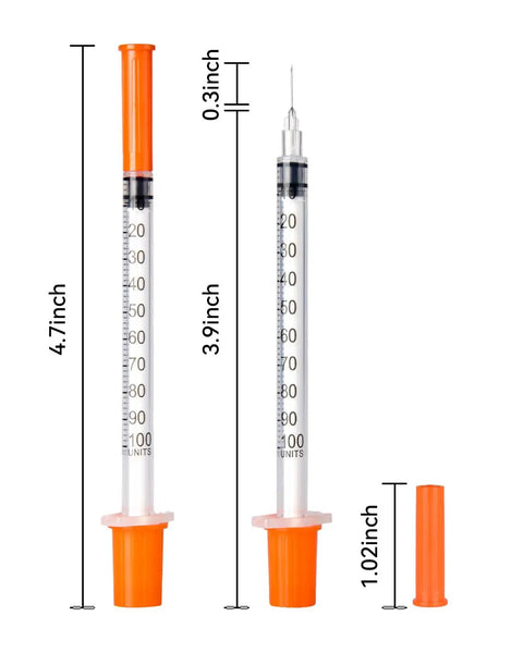 Disposable Syringe 30G 1ml U-100, 5/16 Inch 8mm, clear markings, orange cap, needle exposed, measurements shown