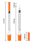 Disposable U-100 1 Ml Syringes, 31G 5/16 In 8 mm Length, Thin-Walled, Leak-Proof Design, Individually Wrapped Lab Supplies, Pack Of 100 For Clean Use, Easy Dosing, Accurate Readouts, No-Fuss Medical And Lab Work. Disposable U-100 1 mL syringe with orange cap and needle shown with size markings.