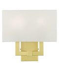 Two Light Wall Sconce In Satin Brass With Dope Off White Hardback Fabric Shade For A Clean Modern Vibe ADA Compliant Meridian Collection Contemporary Home Lighting 13 By 12.5 Inches