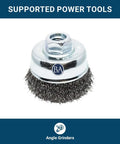 Top Shelf Carbon Steel Mounted Crimped Wire Cup Brush 2-3/4 Inch for Angle Grinder, suitable for rust and paint stripping.