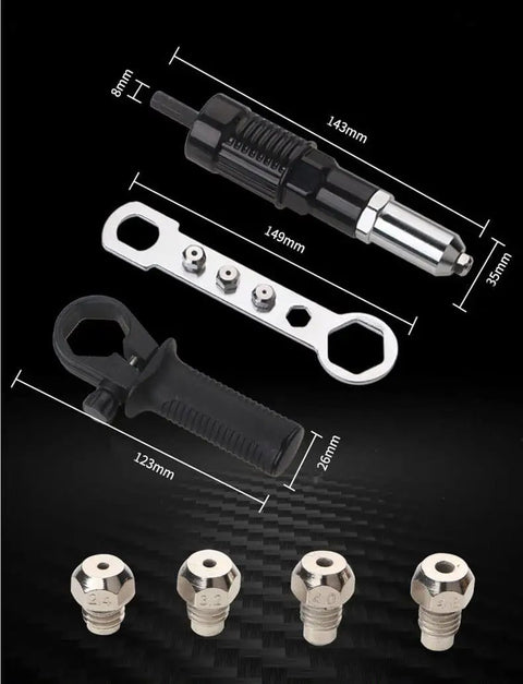 Rivet Gun Adapter Kit With Handle Grip Riveter Drill Attachment For Cordless Electric Drills Fast Riveting Tool With Insert Nut Durable Alloy Steel Gun Head Three Claw Clamp For Heavy Duty Wear Resistant Labor Saving Operation components with measurements.