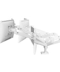 Heavy Duty Dual Monitor Desk Mount Stand With Smooth Swivel Arm And Perforated Base For Desktop Computer Setup in white design.