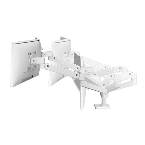 Heavy Duty Dual Monitor Desk Mount Stand With Smooth Swivel Arm And Perforated Base For Desktop Computer Setup in white design.