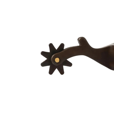 Close-up of 8 point rowel on antiqued finish all purpose men's spur with 2 inch shank for trail training pleasure riding.