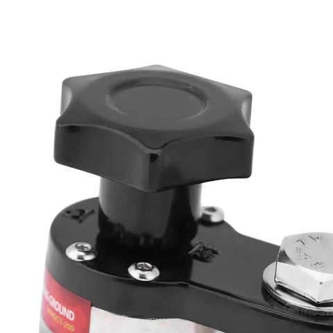 Close-up of Heavy Duty Welding Ground Clamp With Rock Solid Magnetic Grip, showing the black knob and metal base for 200A power.