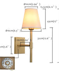 Set Of 2 Hardwired Wall Sconces With White Fabric Shade, Brass Finish Bases, dimensions labeled, mid-century style