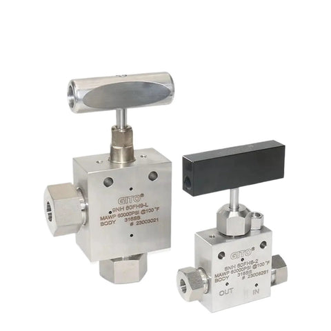 Two GITO stainless steel needle valves for high-pressure hydrogen, with T-handle on the large unit and black knob actuators.