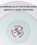 Close-up of Bombproof Tempered Glass Lazy Susan Turntable with aluminum alloy rotating base for smooth, quiet rotation